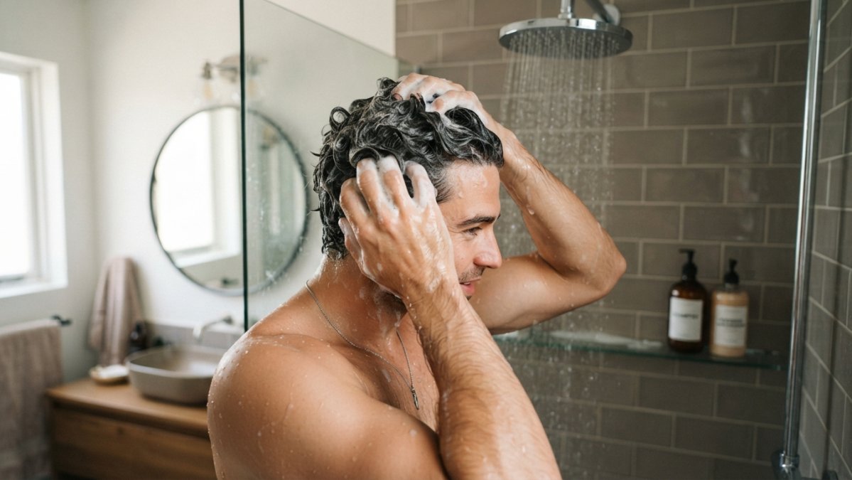 Homme se lavant les cheveux épais sous la douche pour choisir le bon shampoing pour cheveux épais homme adapté.