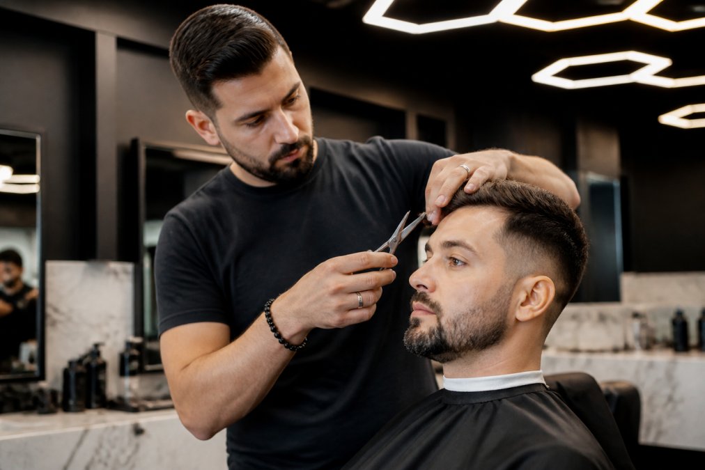 A male barber carefully styling a client's hair with scissors in a modern, well-lit barbershop, the barber examining the client's facial structure with focused attention, warm hexagonal lighting overhead, clean marble surfaces in background