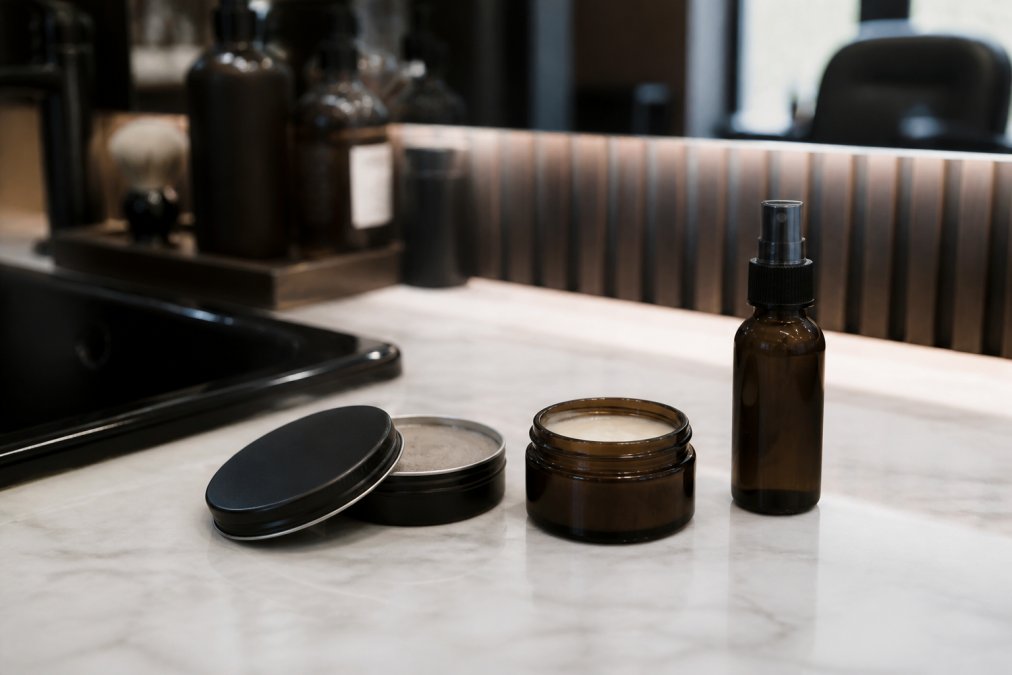 Close-up of men's grooming products, a tin of matte clay, a jar of pomade, and a spray texturizer, arranged neatly on a white marble surface in a clean barbershop setting, soft natural light from the side