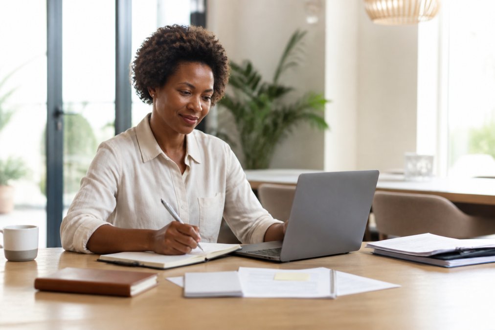 Coach indépendant travaillant sur une plateforme e-learning sur son ordinateur portable dans un environnement de travail moderne et lumineux, avec des notes et des documents organisés à côté