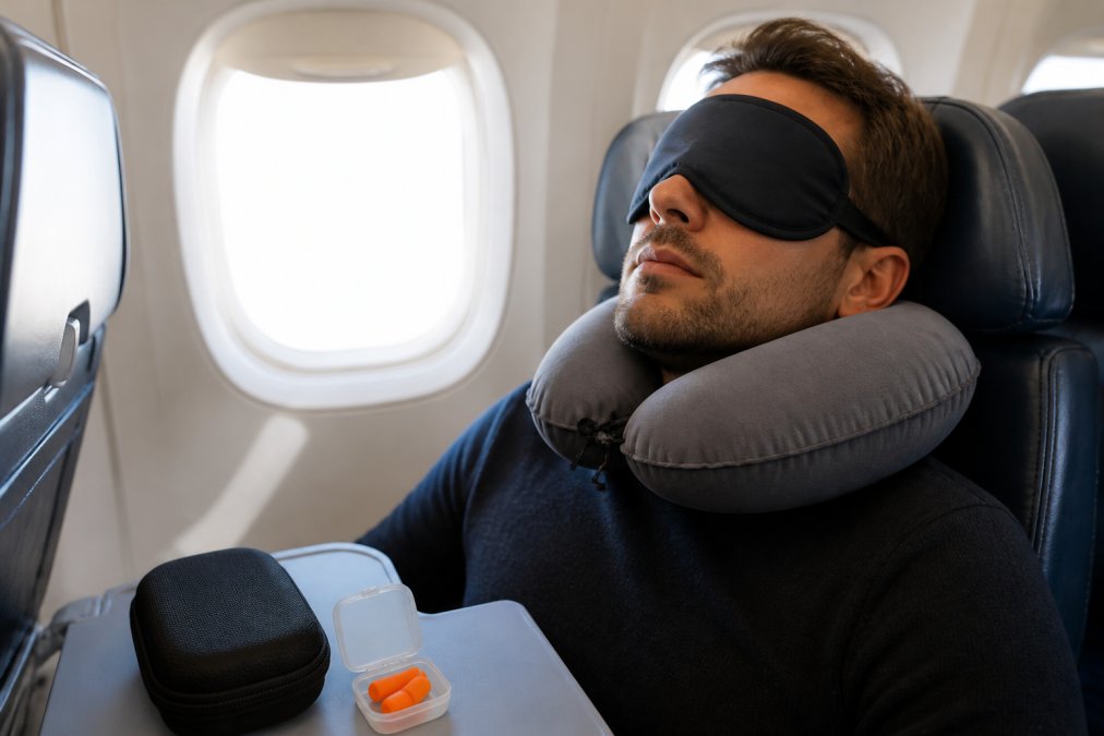 Schéma illustrant l'utilisation combinée d'un oreiller cervical avion, d'un masque 3D et d'un casque anti-bruit.