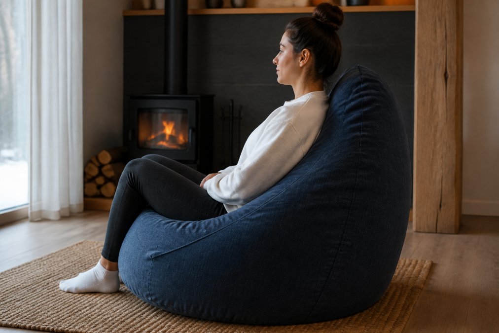 Gros plan d'une personne assise sur un beanbag montrant différentes positions d'assise confortables, avec un soutien lombaire visible et une colonne vertébrale bien alignée