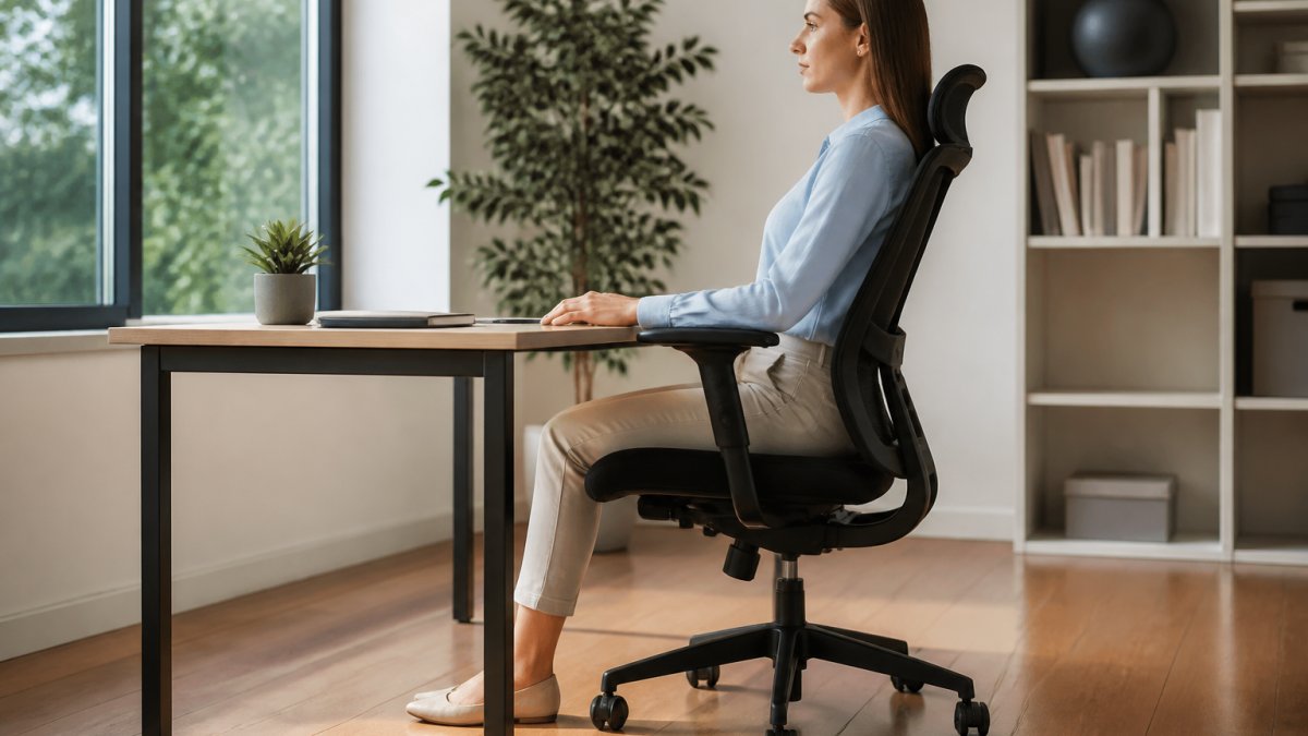 Personne assise sur un fauteuil ergonomique avec une posture droite et les pieds à plat pour soulager le dos.