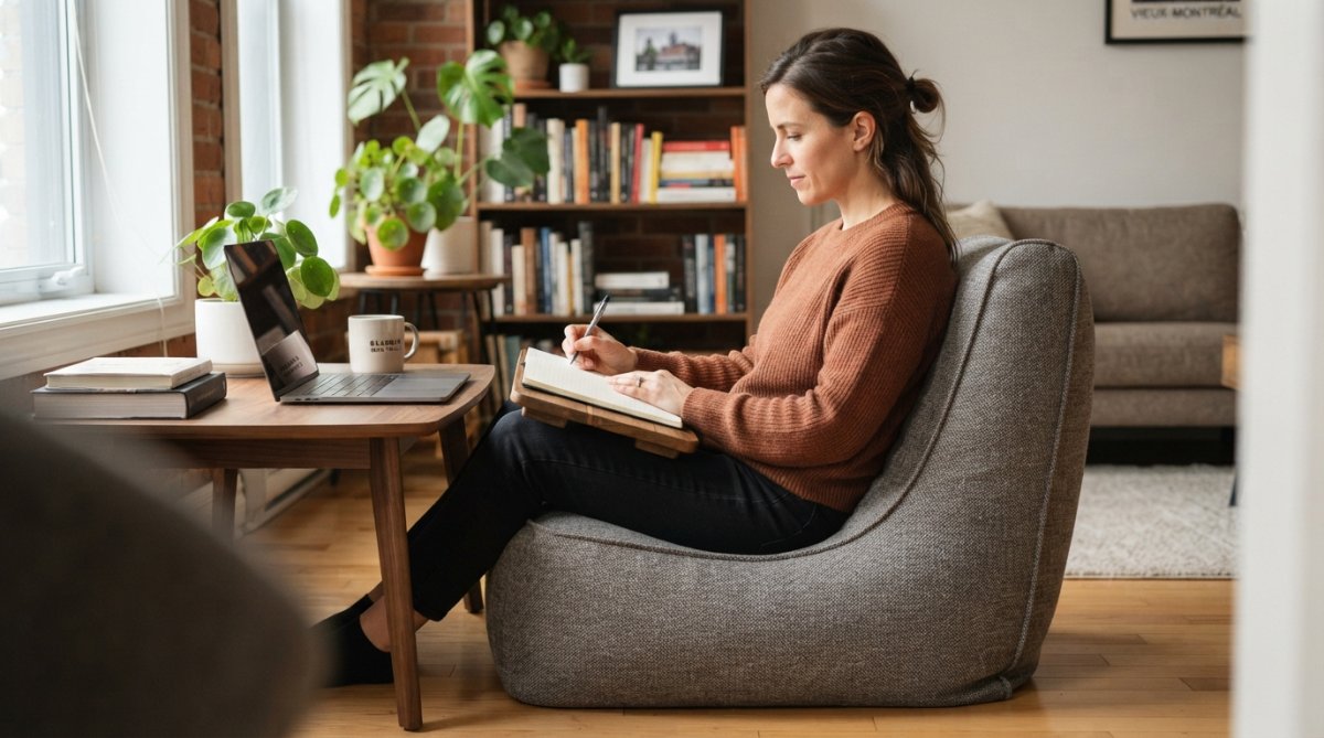 Personne assise confortablement sur un pouf ergonomique dans un espace de travail à domicile, montrant une posture correcte du dos et du cou, avec un ordinateur portable et une lampe de bureau