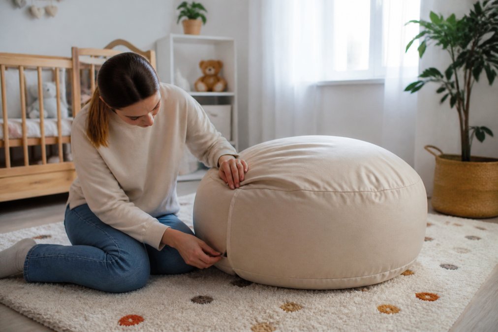 Un pouf pour enfant dans une chambre de bébé lumineuse, posé sur un tapis, avec un parent assis à côté qui vérifie la fermeture éclair et la stabilité du pouf