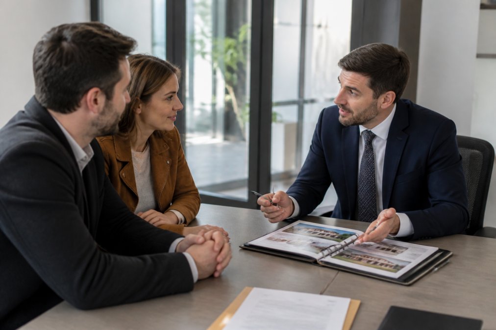 Agent immobilier professionnel en réunion avec un couple de propriétaires, discutant autour d'une table avec documents et dossier de bien immobilier, lumière naturelle provenant de la fenêtre du bureau
