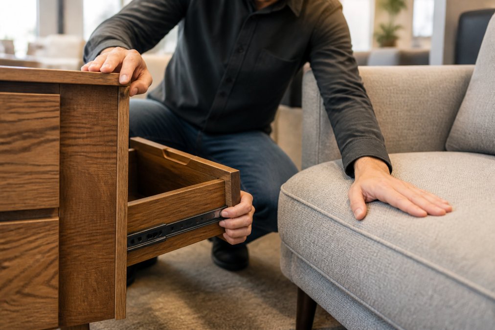 Hands examining joints and finishes to know how to compare furniture quality when buying.