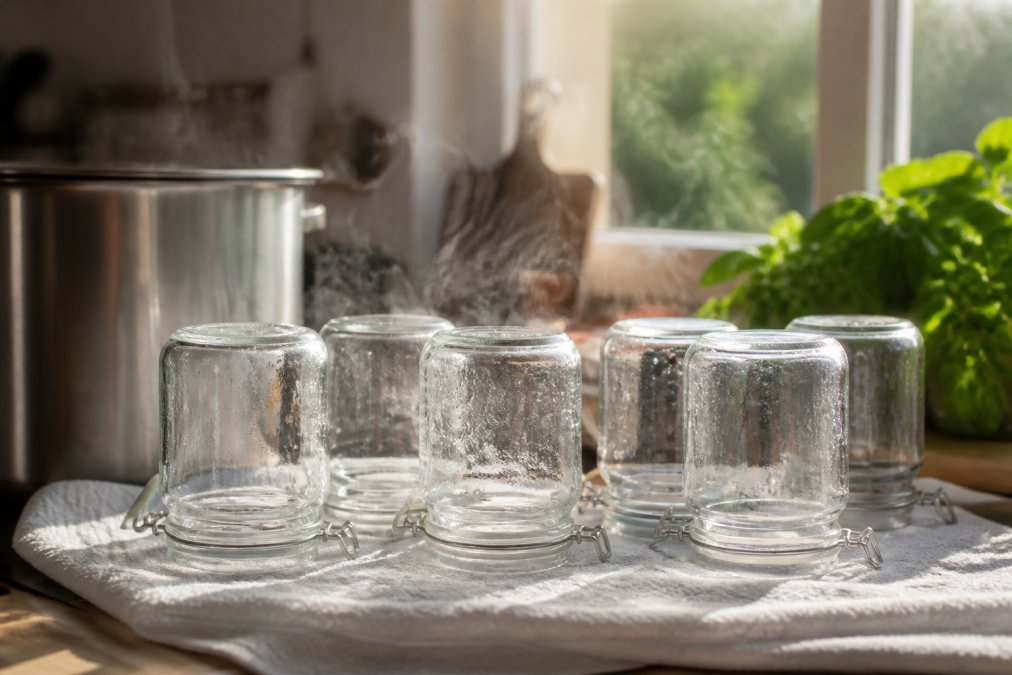 Bocaux en verre stérilisés refroidissant sur un torchon blanc après ébullition, avec de la vapeur encore visible, disposés soigneusement dans une cuisine lumineuse avec fenêtres naturelles