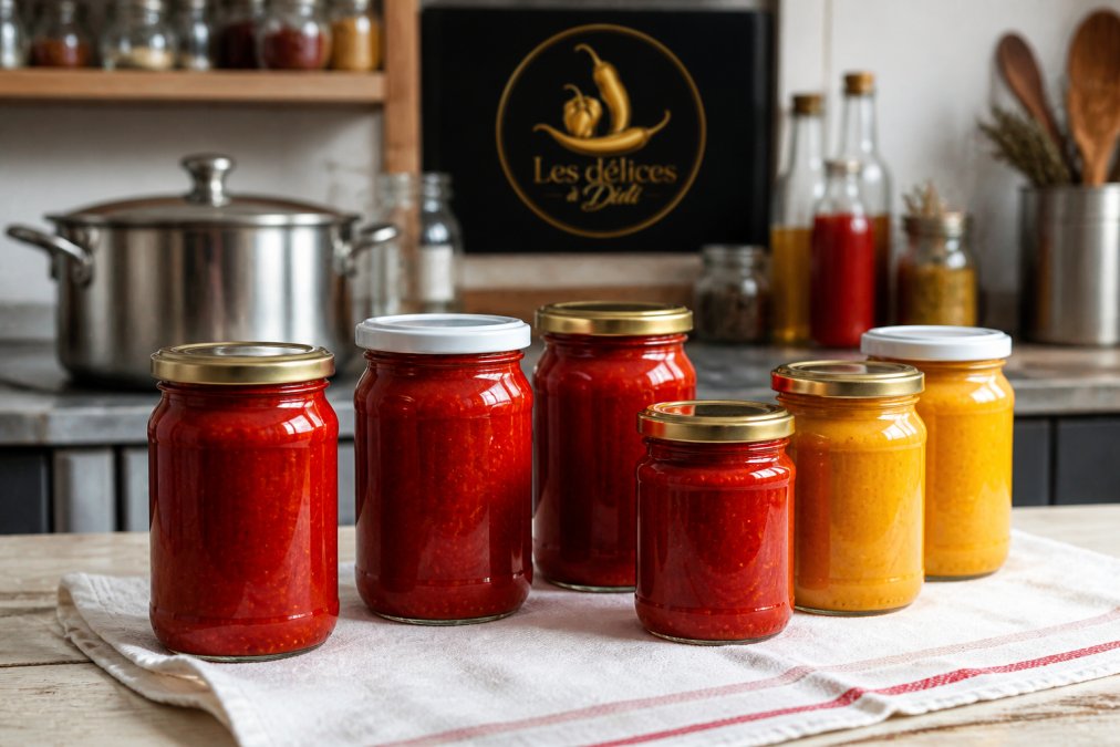 Bocaux en verre stérilisés remplis de pâte de piment rouge et jaune, prêts pour une conservation longue durée.