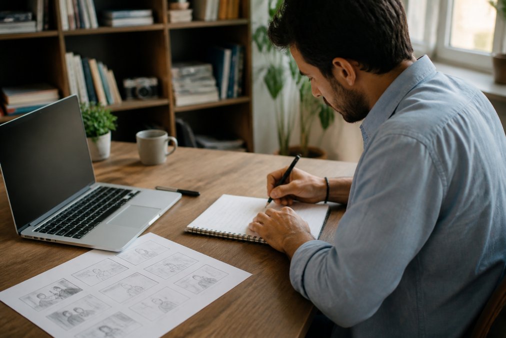 Formateur écrivant un scénario pédagogique détaillé sur un cahier avec un storyboard visuel à côté, ordinateur portable ouvert affichant des notes structurées, environnement de bureau lumineux