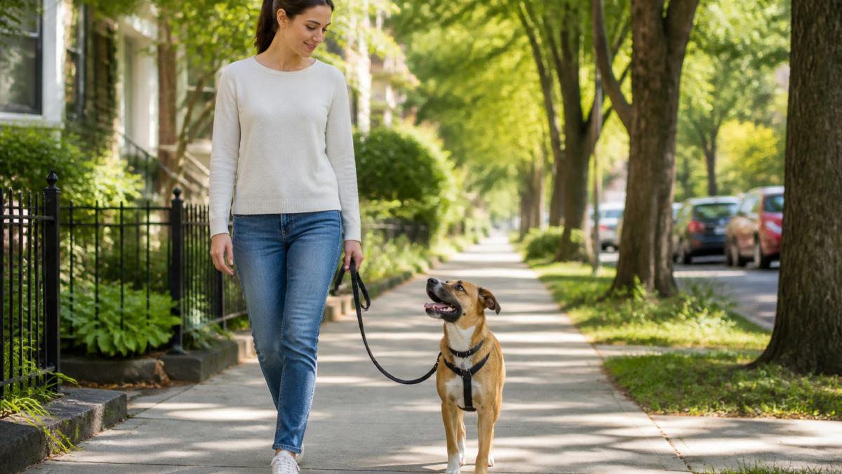 Une propriétaire marche calmement avec son chien en laisse détendue sur un trottoir arboré le matin.