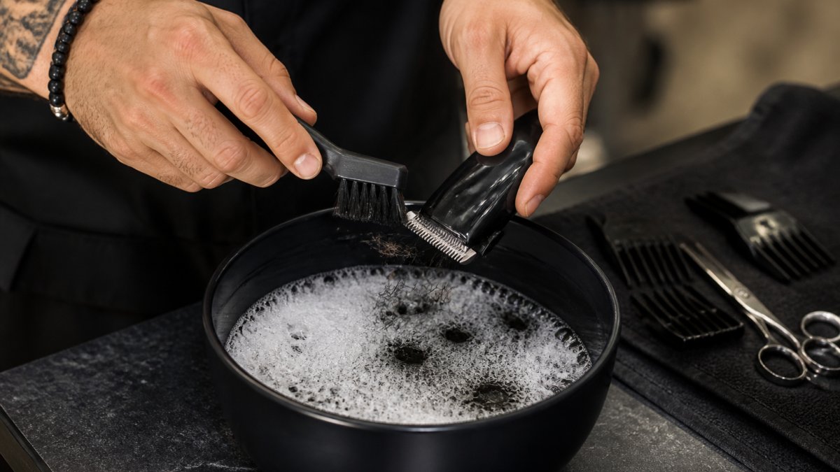 Close-up of a professional barber's hands cleaning hair clippers with a soft-bristled brush over a bowl of soapy water, showing hair debris being removed from the blades, natural lighting from above