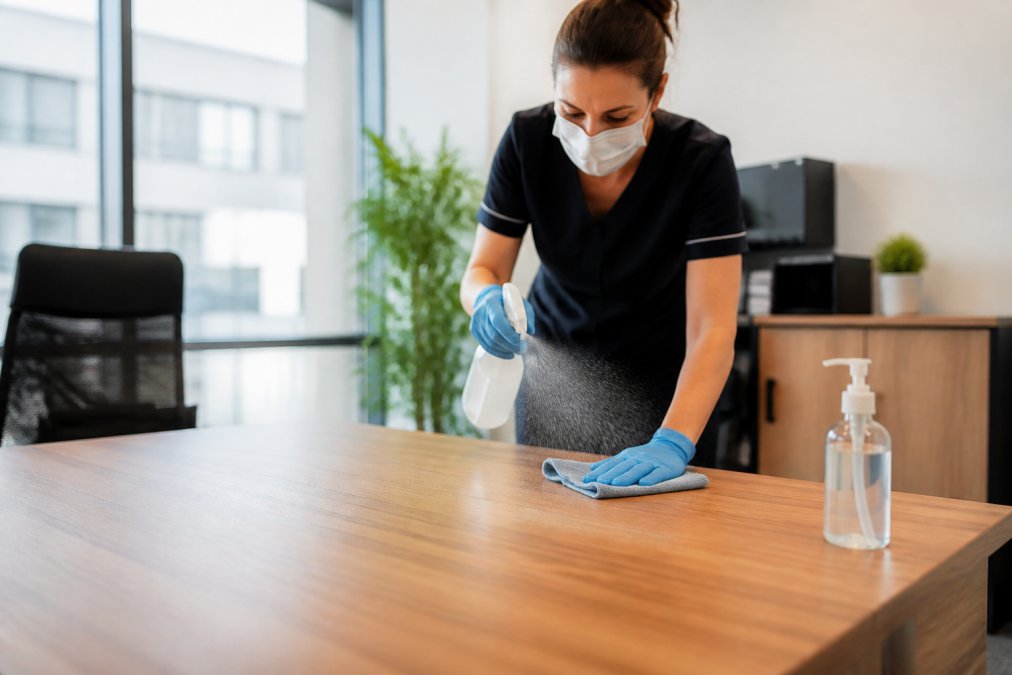 Une personne portant des gants et un masque pulvérise un désinfectant sur un bureau de travail, avec un chiffon en microfibre et un flacon de solution hydroalcoolique visibles, dans un bureau moderne et lumineux