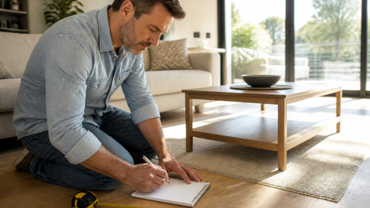Propriétaire prenant des notes et des mesures dans un salon lumineux d'une maison, avec mètre ruban et bloc-notes visibles