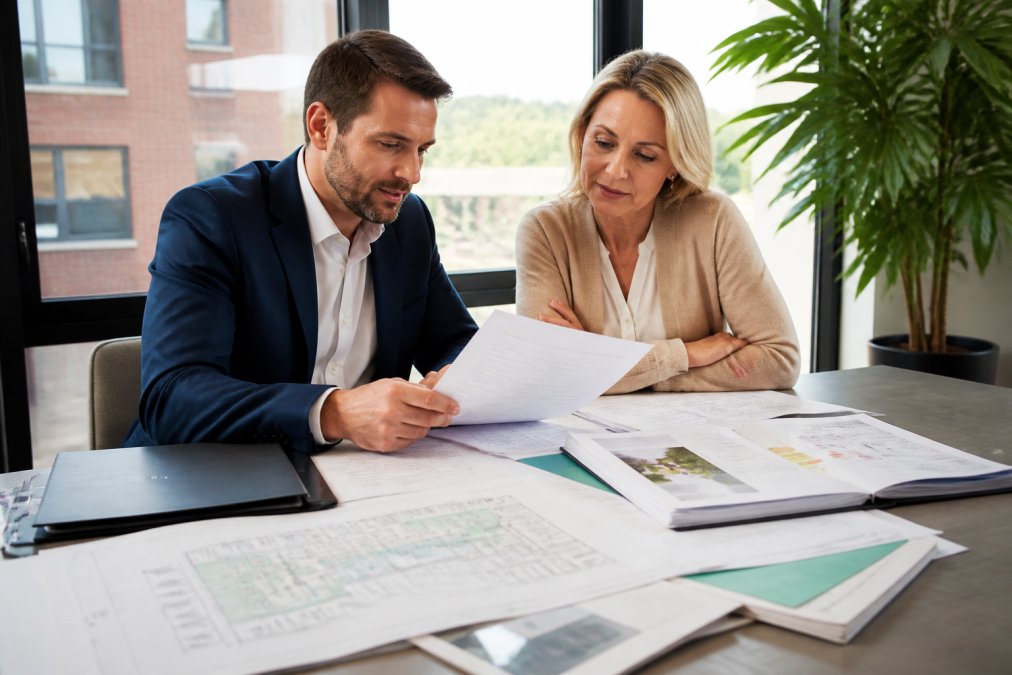 Agent immobilier professionnel et propriétaire examinant ensemble des documents de propriété, plans cadastraux et certificats PEB dans un bureau lumineux avec fenêtres naturelles