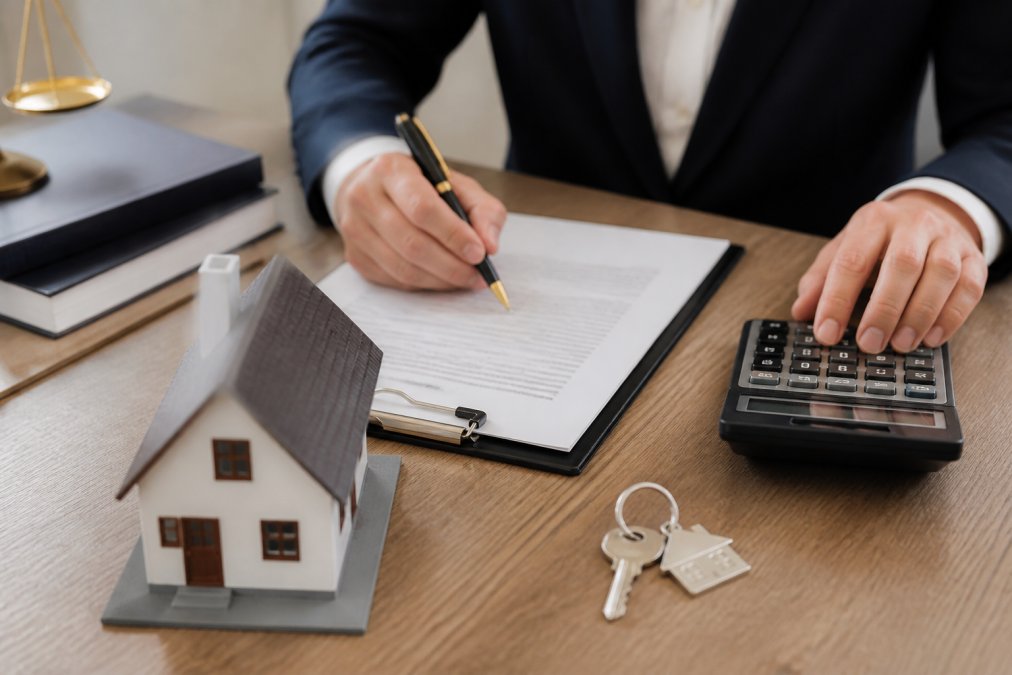 Gros plan sur les mains d'un notaire préparant des documents de transaction immobilière avec calculatrice, contrat et stylo sur un bureau professionnel en bois clair