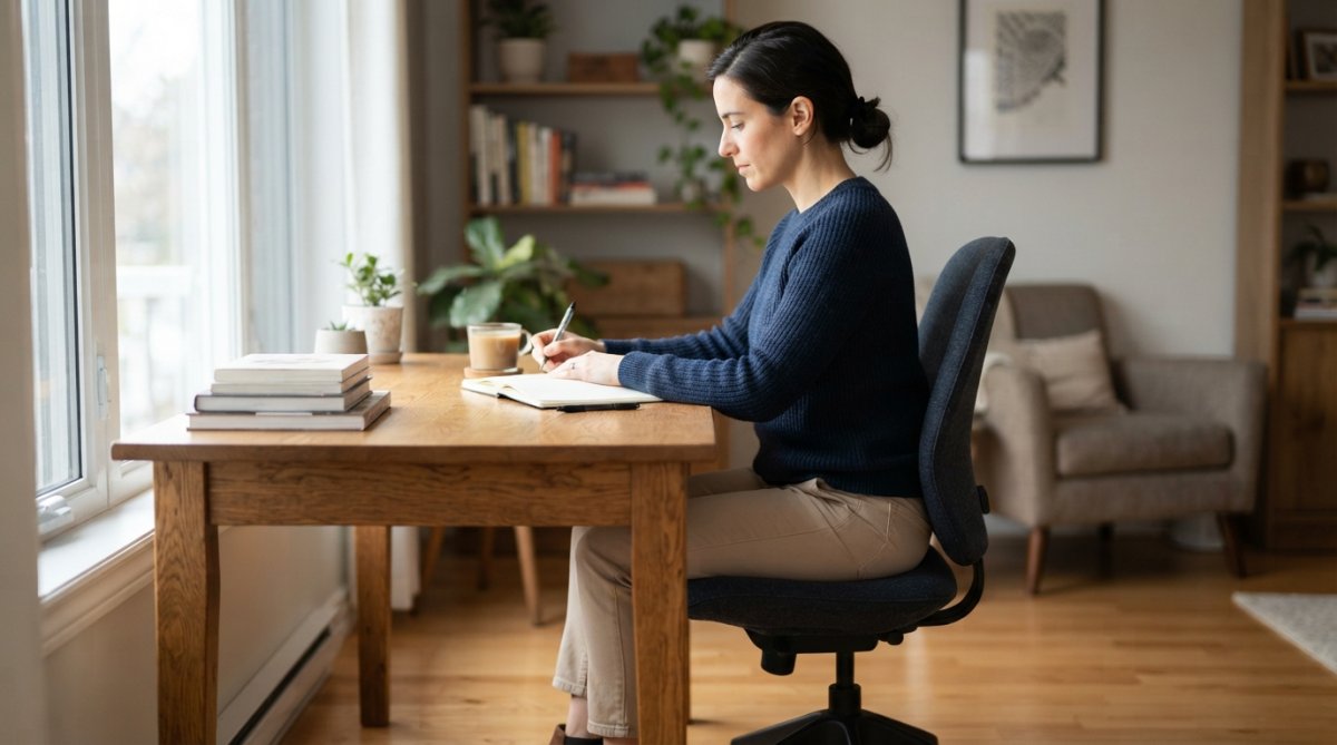Une personne assise à un bureau avec une posture neutre correcte, montrant l'alignement de la colonne vertébrale et la position des lombaires, avec les pieds à plat sur le sol et les coudes à 90 degrés