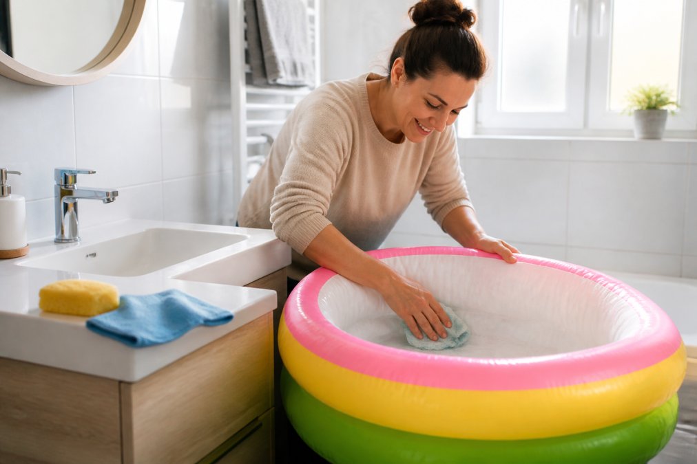 Un parent nettoyant une petite baignoire gonflable colorée dans une salle de bain lumineuse, avec une éponge douce et un chiffon microfibre posés sur le rebord du lavabo