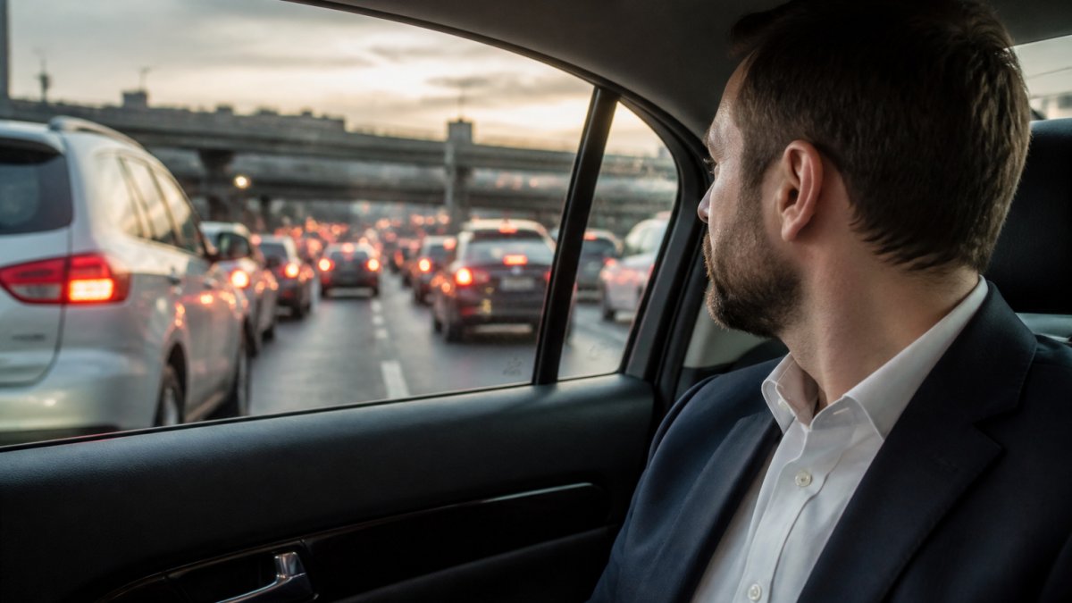Voyageur assis à l'arrière d'un taxi, regardant par la fenêtre pendant les heures de pointe avec la circulation visible sur la route