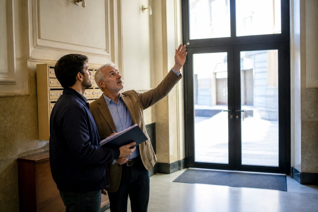 Un syndic bénévole et un propriétaire examinant ensemble le hall d'entrée d'un immeuble de rapport, carnet d'entretien à la main, lumière naturelle traversant les vitres