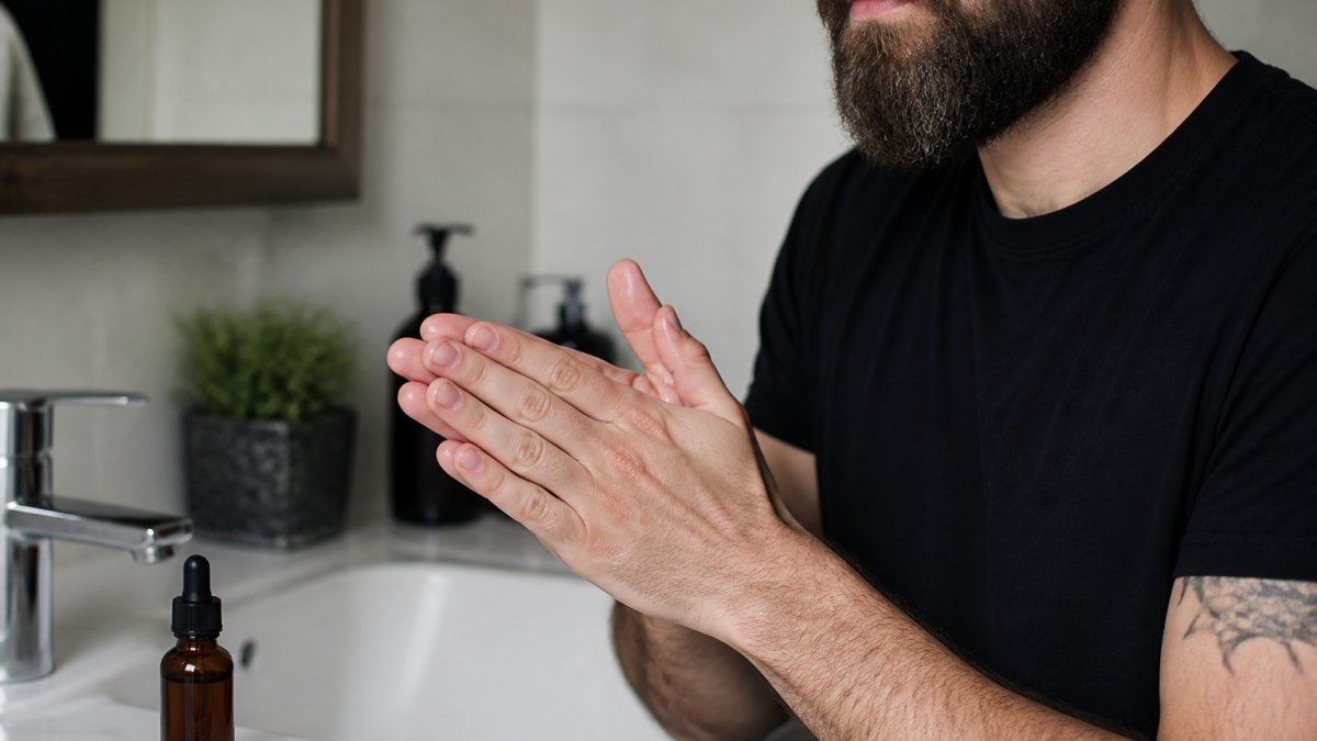Mains chauffant de l'huile dans une salle de bain pour bien hydrater sa barbe sans laisser de fini gras.