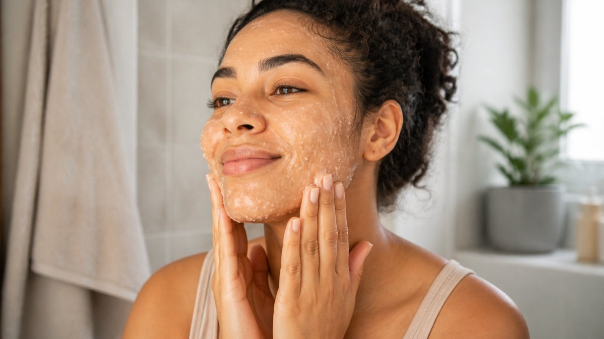 Close-up d'une femme appliquant un gel exfoliant doux sur son visage, dans une salle de bain lumineuse, avec un sourire serein
