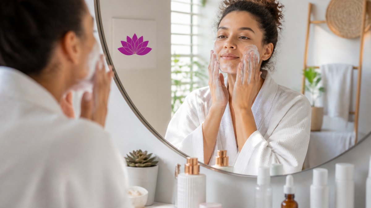 Une femme appliquant délicatement un nettoyant doux sur son visage propre le matin, avec des produits de soin disposés élégamment sur le comptoir d'une salle de bain lumineuse
