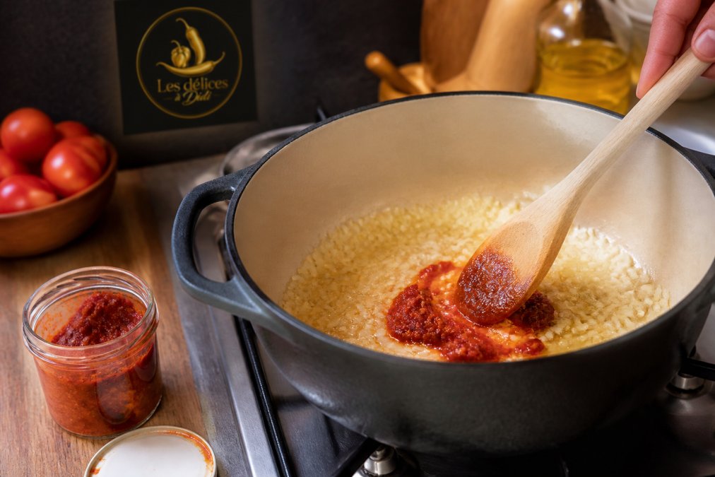 Cuillère en bois mélangeant de la harissa dans une casserole avec des oignons pour savoir comment intégrer la harissa dans