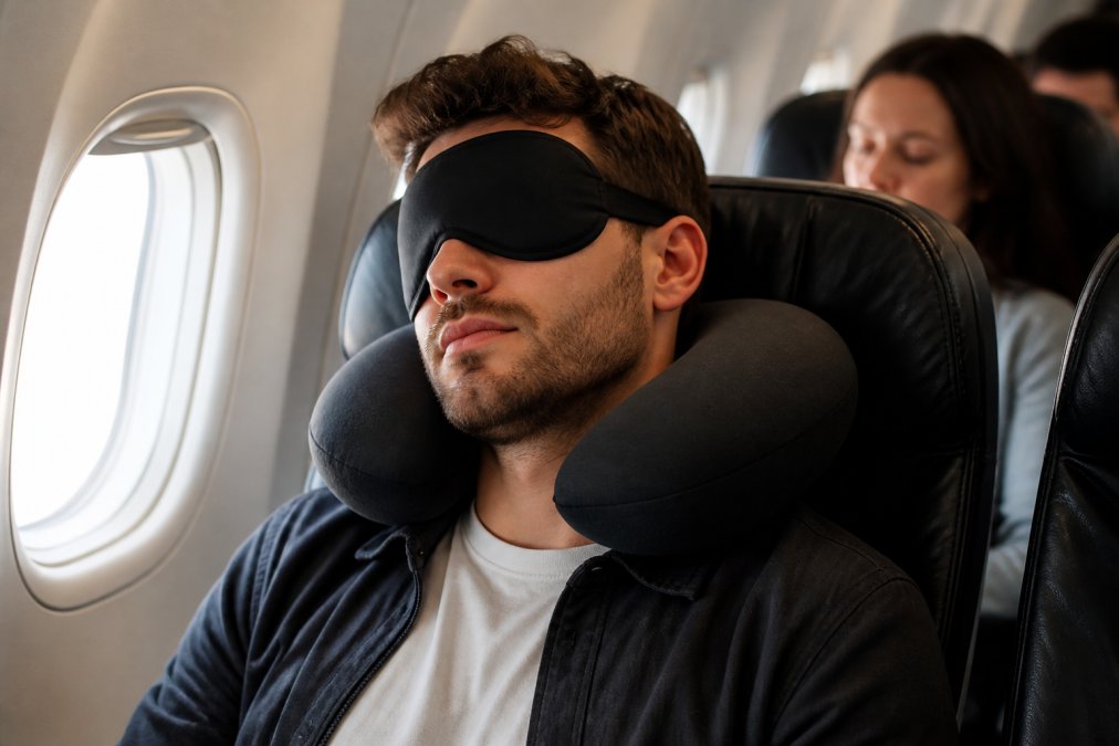 Un voyageur confortablement installé en siège d'avion portant un masque de sommeil 3D noir, avec un coussin cervical à mémoire de forme, dormant paisiblement