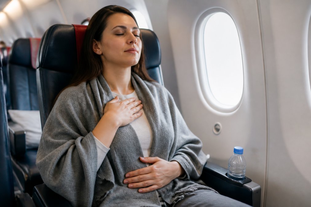 Une passagère effectuant des exercices de respiration et de relaxation dans un siège d'avion, vêtue confortablement, avec une bouteille d'eau à proximité