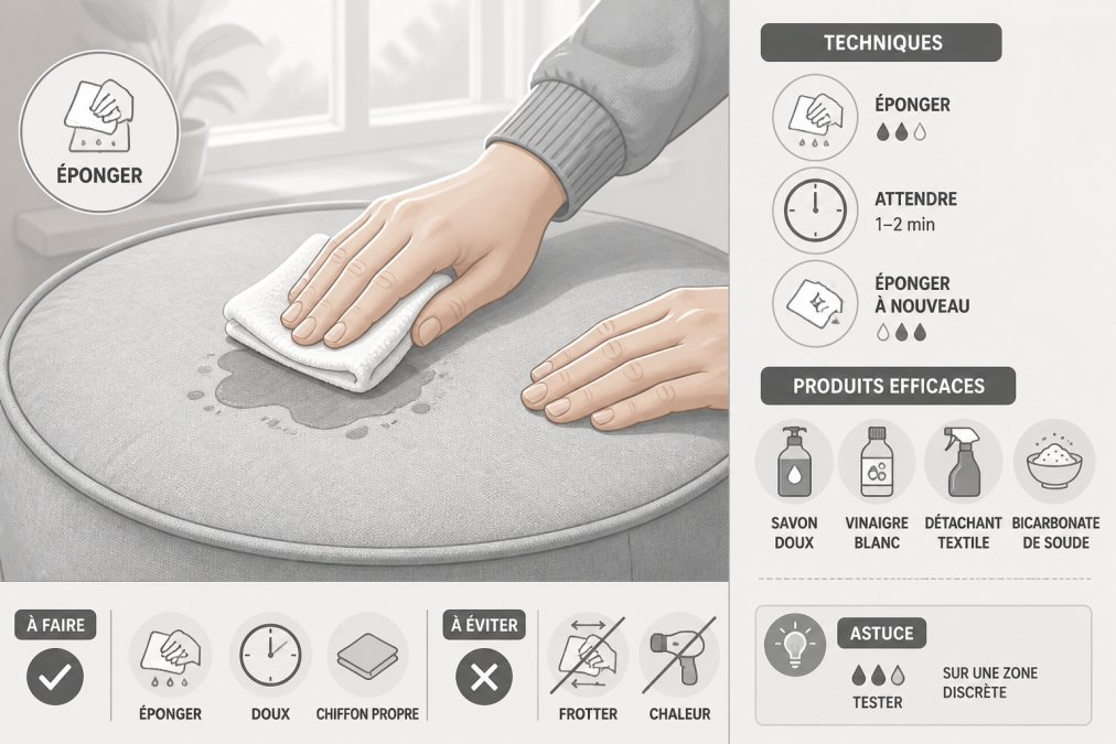 Close-up of hands gently blotting a fresh stain on a light fabric pouf with a clean white cloth, showing proper technique with natural daylight streaming through a window