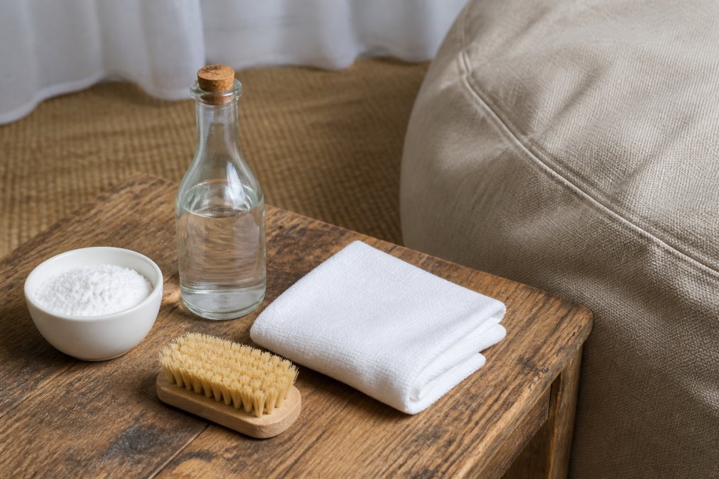 Flat lay arrangement of natural cleaning ingredients including white baking soda in a white bowl, white vinegar in a clear glass bottle, a soft-bristled brush, and a folded white cloth on a wooden surface next to a fabric pouf