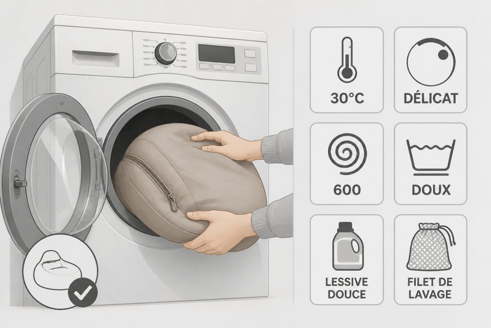 Hands gently placing a beige pouf cover into an open washing machine, showing careful handling and proper loading technique