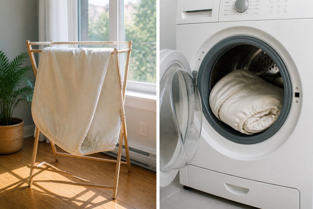 A damp pouf cover draped over a wooden drying rack positioned near a bright window with natural indirect light, demonstrating proper air-drying technique in an indoor space