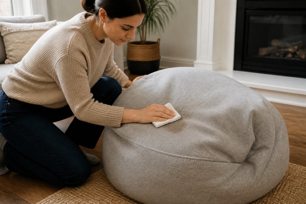 Une personne nettoie une tache sur un pouf déhoussable en tamponnant le tissu avec un chiffon microfibre propre.