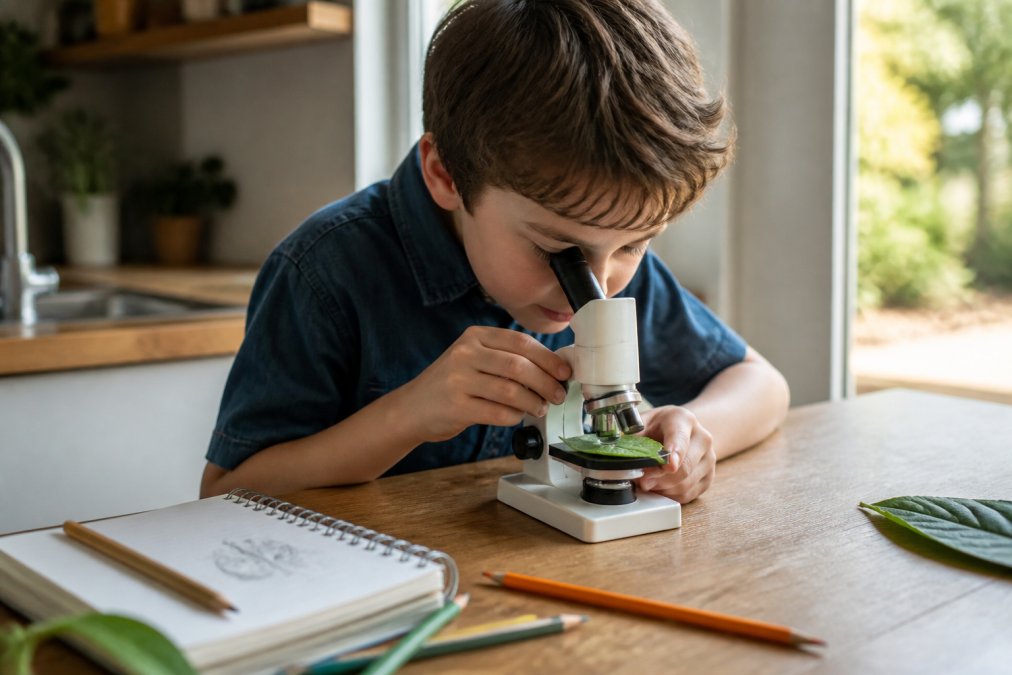 Infographie illustrant comment occuper enfant avec une expérience scientifique simple au microscope.