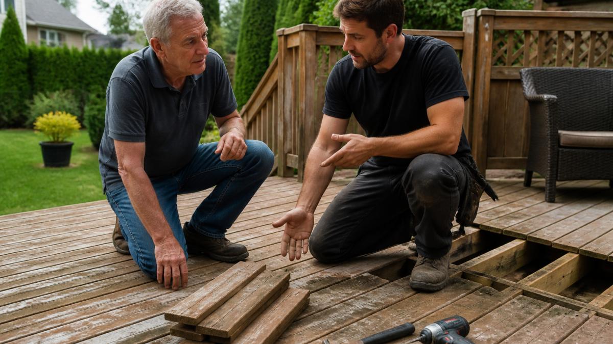 Un propriétaire et un entrepreneur en rénovation examinant ensemble une terrasse en bois vieillissante dans une cour arrière résidentielle, planchettes et outils visibles au sol, lumière naturelle de jour