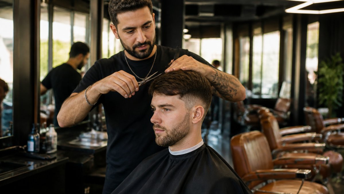 Barbier professionnel réalisant une coupe homme de précision dans un salon moderne et lumineux.