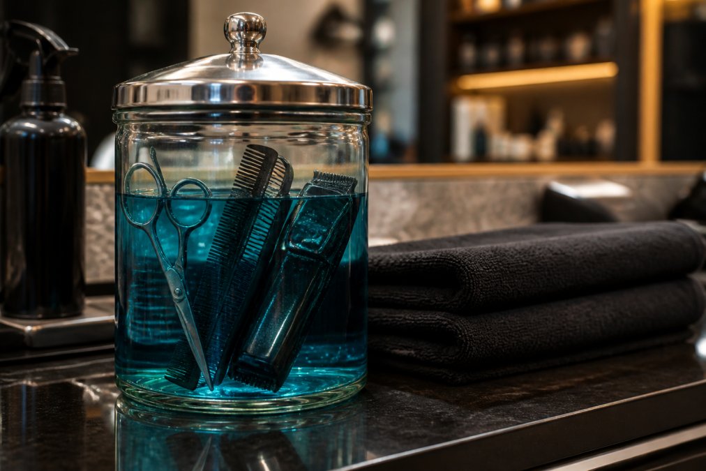 Close-up d'un poste de travail de barbier avec ciseaux, peignes et tondeuse plongés dans un bocal en verre rempli de solution barbicide bleue, serviettes propres pliées à côté sur un comptoir poli sous un éclairage chaud
