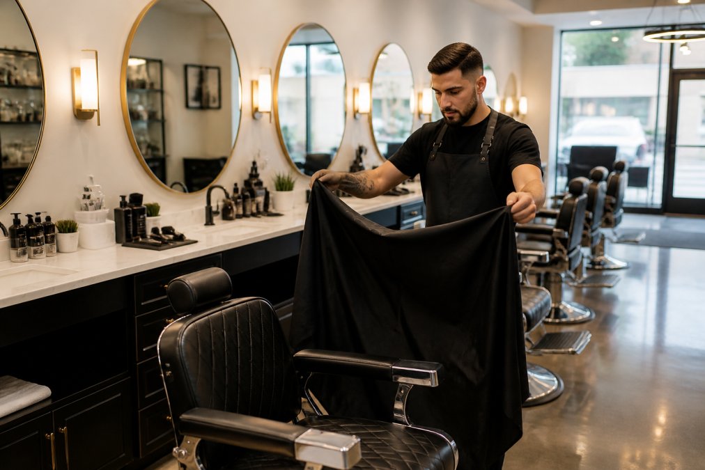 Vue large d'un intérieur de barbershop moderne et lumineux montrant des miroirs impeccables, des comptoirs propres, des outils bien rangés, et un barbier en tablier propre qui prépare une cape propre pour un client