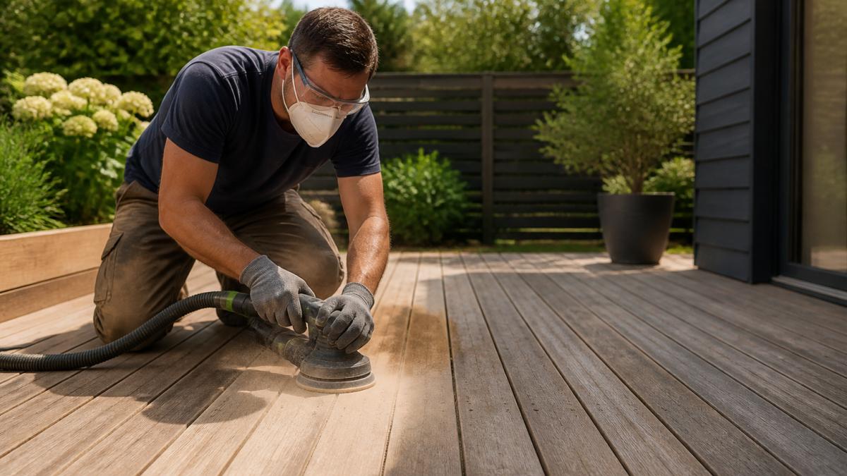 Personne équipée de protections ponçant une lame de bois pour rénover une terrasse extérieure ensoleillée.