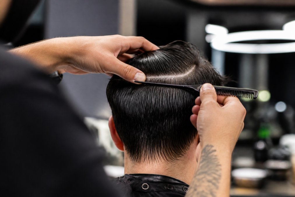 Un barbier utilise un peigne pour séparer les mèches avant une coupe dégradée nette sur cheveux humides.