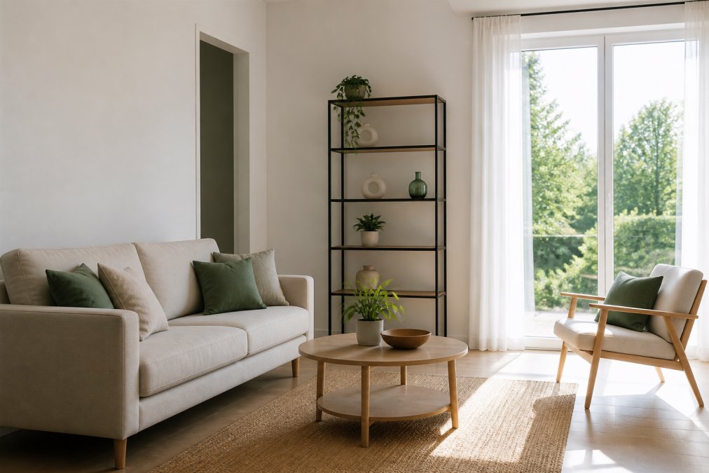 Un salon dépersonnalisé avec mobilier minimaliste, murs peints en couleurs neutres, grandes fenêtres laissant entrer la lumière naturelle, et quelques objets de décoration épurée sur les étagères