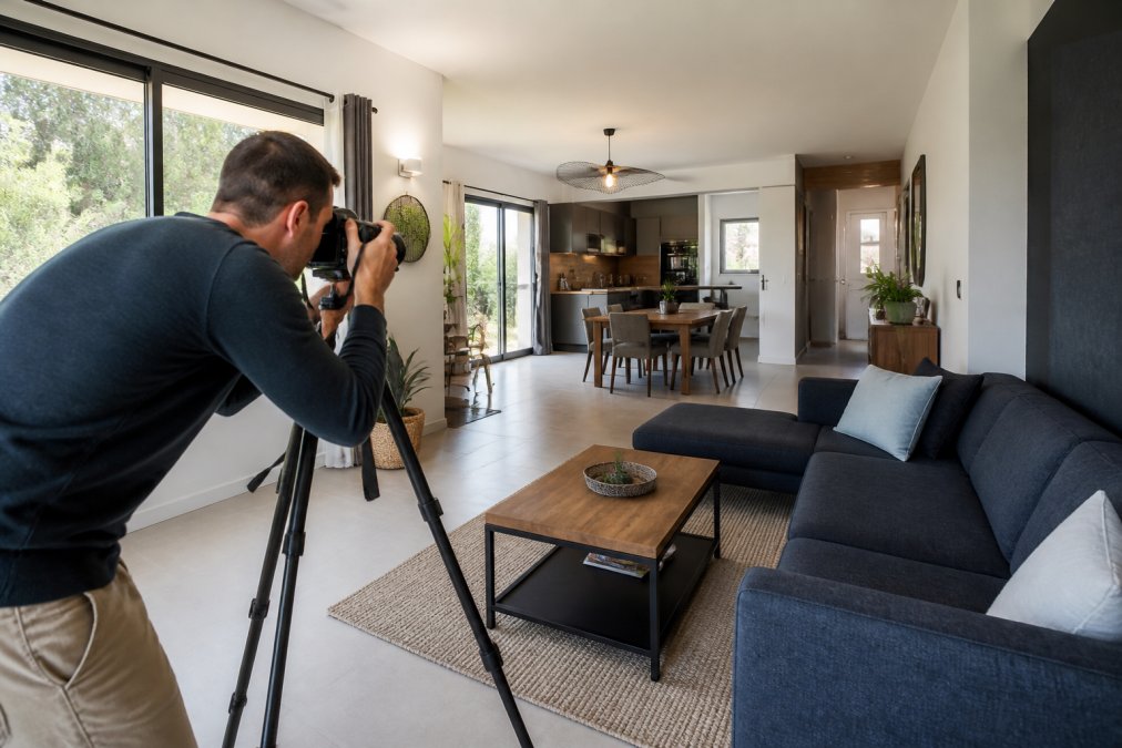 Un photographe professionnel avec un appareil photo reflex montée sur trépied, photographiant un salon lumineux avec des angles de vue optimisés, montrant l'espace en profondeur
