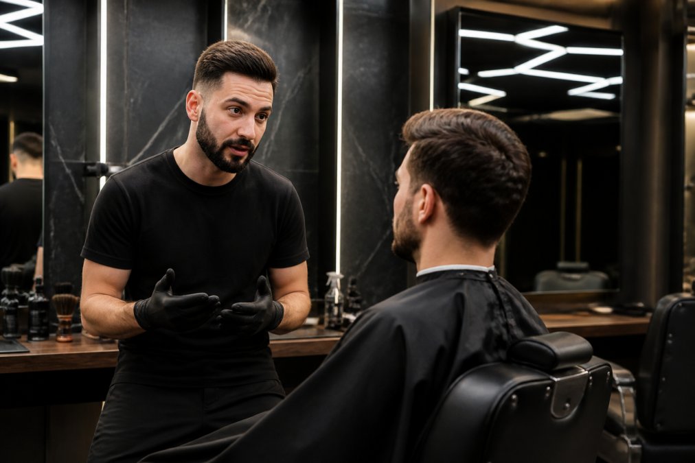 Professional barber in focused conversation with client seated in barber chair, demonstrating active listening with eye contact and engaged body language