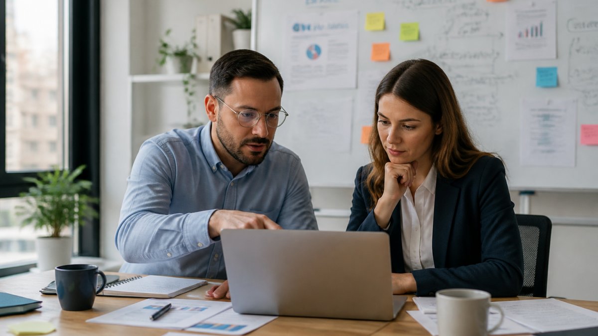 Un directeur marketing et un gestionnaire de comptes examinant ensemble des chiffres de campagne sur un ordinateur portable dans un bureau lumineux, avec un tableau blanc couvert de notes de stratégie en arrière-plan