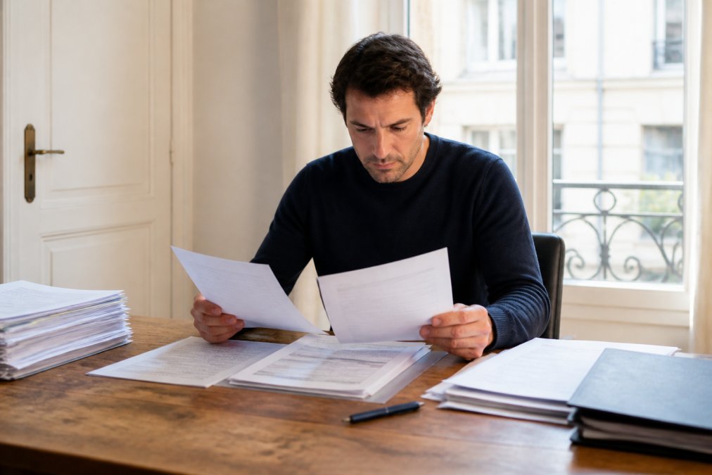 Propriétaire bailleur examinant attentivement des documents de candidature à la location, fiches de paie et contrats étalés sur un bureau en bois, lumière naturelle entrant par la fenêtre