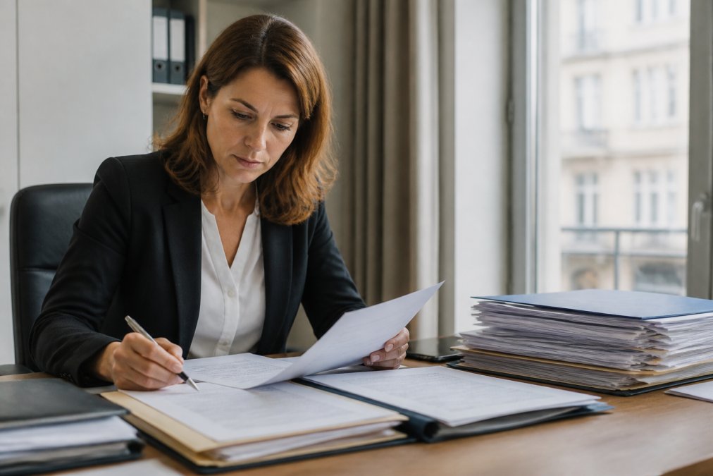 Agent immobilier ou propriétaire bailleur évaluant les profils de candidats à la location sur un écran d'ordinateur portable dans un bureau professionnel, documents de dossier de location visibles à côté