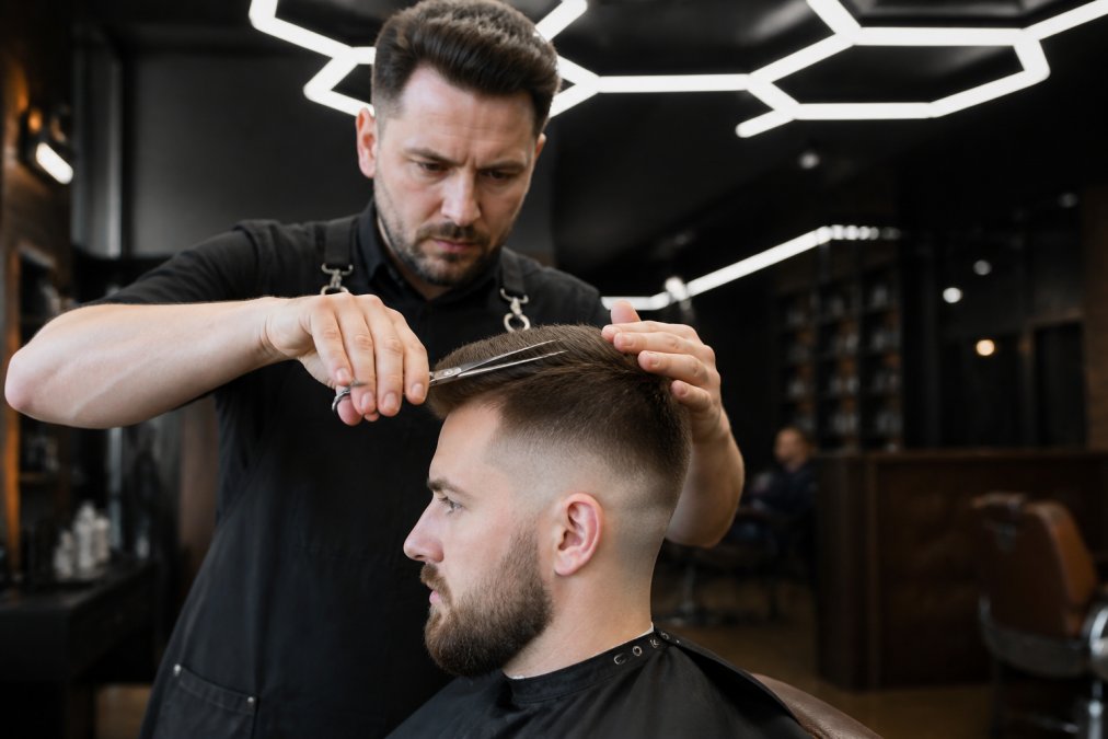Un barbier concentré réalisant un dégradé précis sur un client, utilisant des ciseaux professionnels dans un salon moderne avec un éclairage hexagonal distinctif