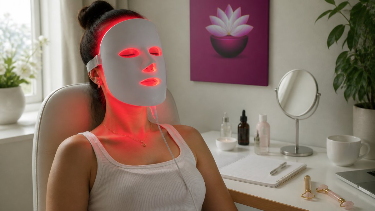 Une femme assise à un bureau lumineux, un masque LED souple sur le visage, les yeux fermés, lumière rouge douce visible sous le masque, ambiance calme et soignée